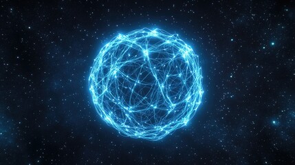 A glowing globe of interconnected neon lines, representing digital networks, set against a starry space background; 3D illustration, futuristic, blue and silver hues, high detail 
