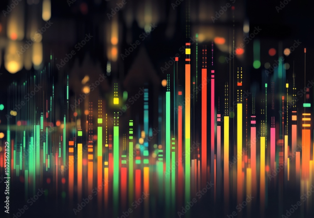 Poster abstract visualization of colorful data representation with vibrant bars and lights creating an arti