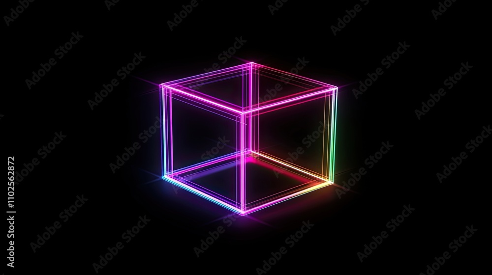 Poster neon light cube in dark background with colorful glow effect