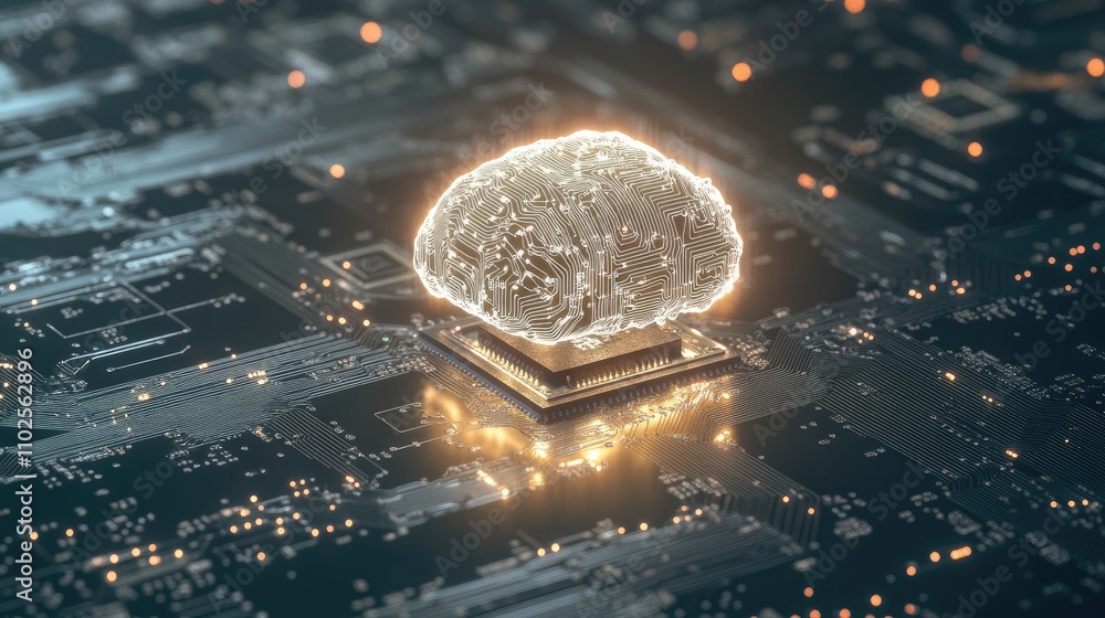 Poster digital brain concept on microchip with circuit board background