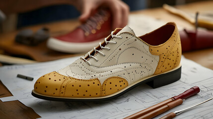 Elegant Brogue Oxford Shoe Design, Craftsmanship in Two-Tone Leather with Perforated Details on a Workbench
