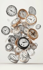 A mesmerizing collection of antique clocks, showcasing diverse designs and elegant craftsmanship, appears to float weightlessly, capturing the essence of time's passage.