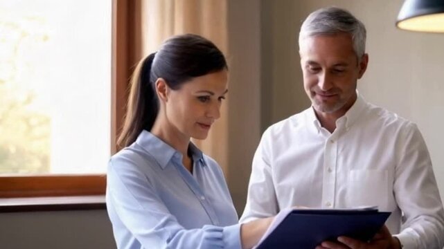 Young woman in light blue blouse and black slacks collaborating with middle-aged drug and alcohol counselor in cozy office