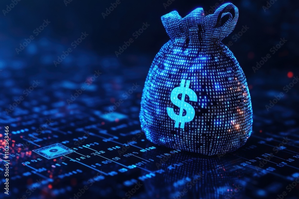 Poster digital blue moneybag with a dollar $ icon with binary code, ai financial transactions, fraud detect