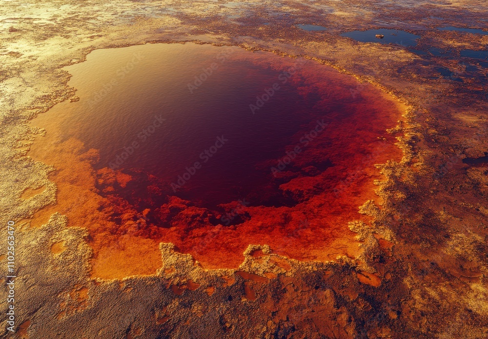 Poster aerial view of a mysterious red water pool surrounded by unique terrain in an arid landscape, highli