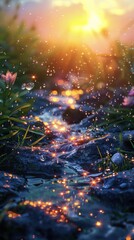 Magical sunset over a sparkling stream.
