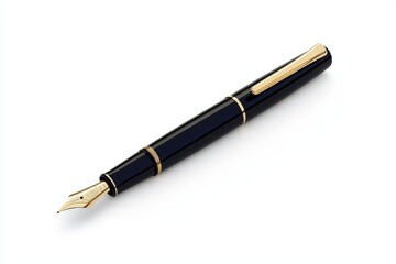 A black pen with gold trim sits on a white background