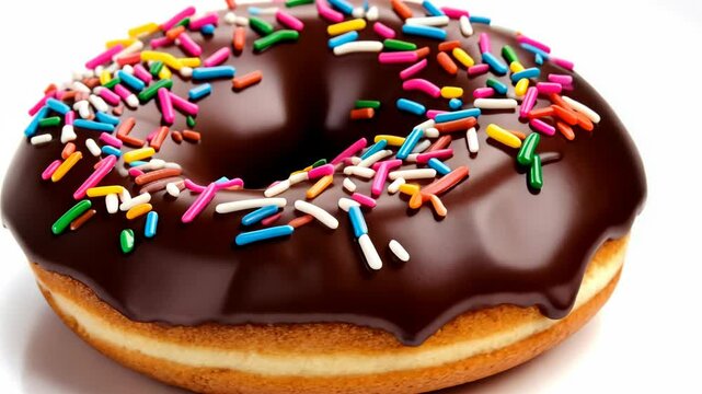 Chocolate glazed donut with colorful sprinkles on a white background showcasing delicious dessert appeal