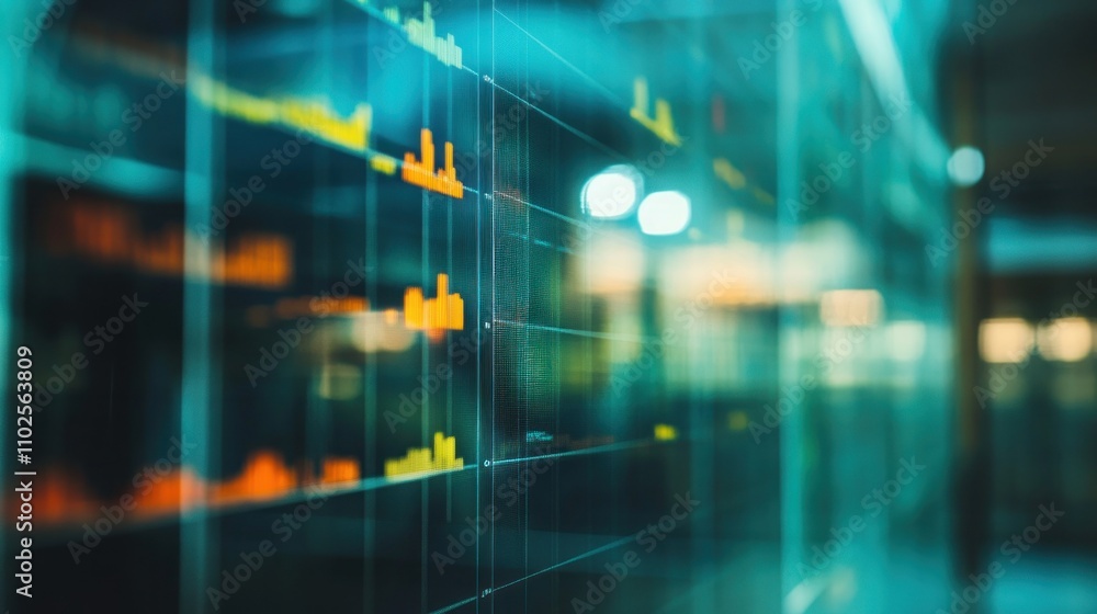 Poster abstract representation of data analytics with colorful graphs and blurred background.