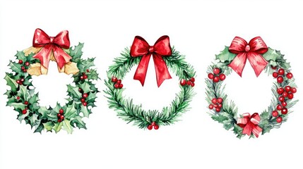 Holiday wreath and bows flat design front view classic celebration theme water color Triadic Color Scheme