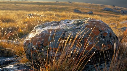 Sunrise dew on a rock in a grassy field.