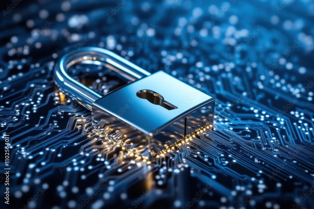 Poster digital padlock for computing system on dark blue background, cyber security technology for fraud pr