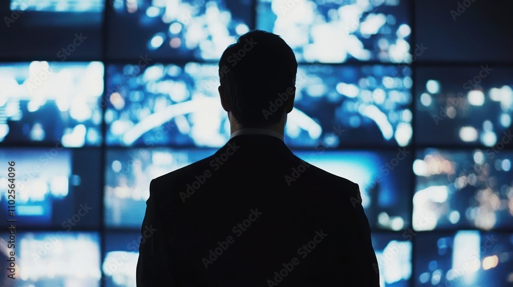 Poster A person in a suit stands before multiple screens displaying various digital visuals.