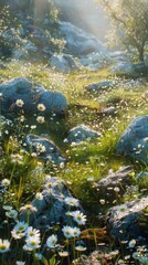 Sunlit meadow with daisies and rocks.