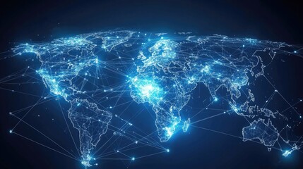 World with digital trade routes and nodes, network connection, international trading