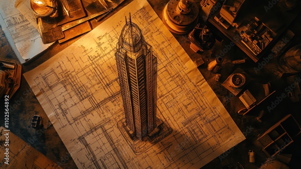 Poster a detailed architectural blueprint of a skyscraper surrounded by design tools.