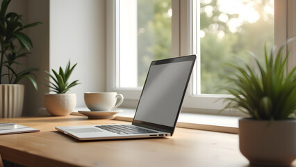 Fototapeta premium Modern Minimalist Home Office Stock Photo – Natural Light and Clean Aesthetic, minimalist home office, modern workspace, natural light photography