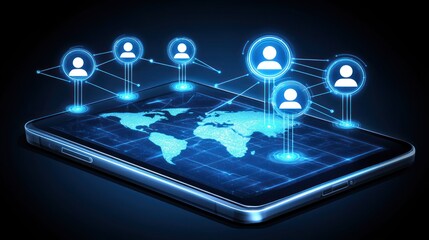 A digital tablet displaying a world map with user icons and connections, symbolizing networking.