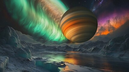 A night sky with green and purple aurora, a gas giant with swirling rings, frozen tundra and a reflective lake adding magical realism.
