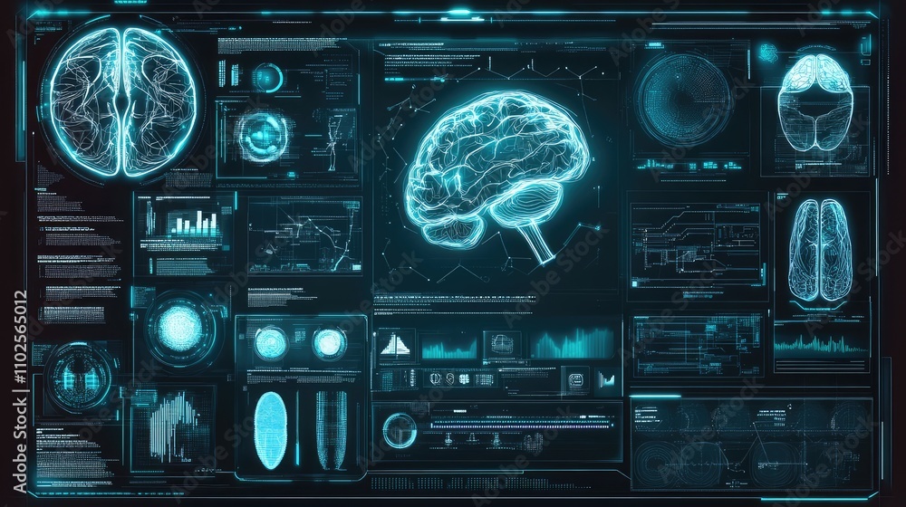 Poster futuristic hud brain analysis interface with data visualization