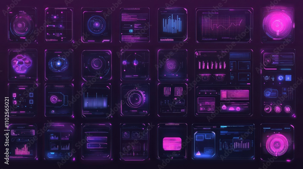 Poster futuristic data dashboard display with neon glow design elements