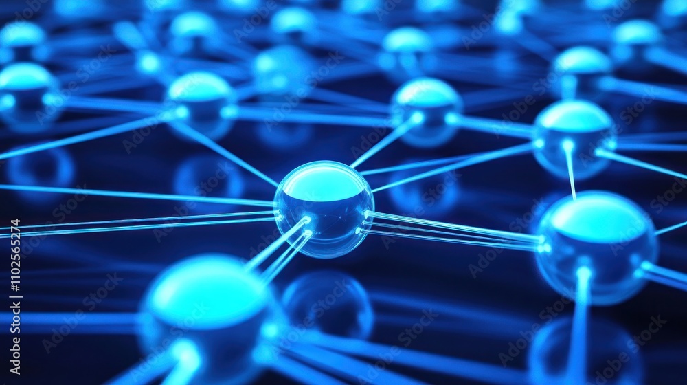 Poster a close-up view of interconnected blue spheres representing a network or molecular structure.