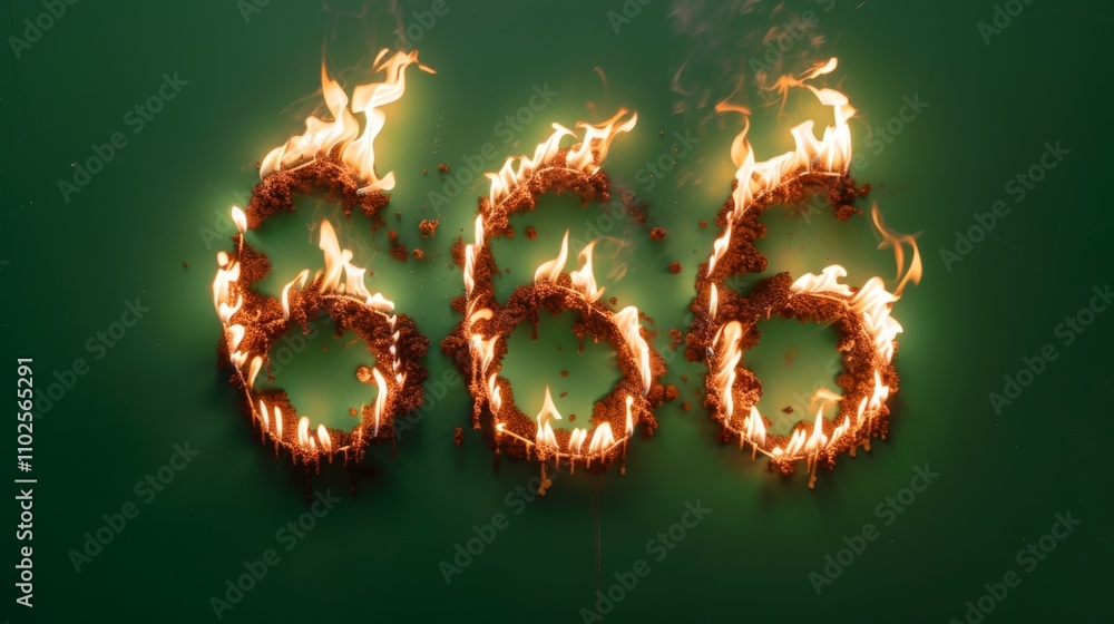 Poster three large numbers forming 666 are ablaze with intense flames against a solid green wall. the vibra