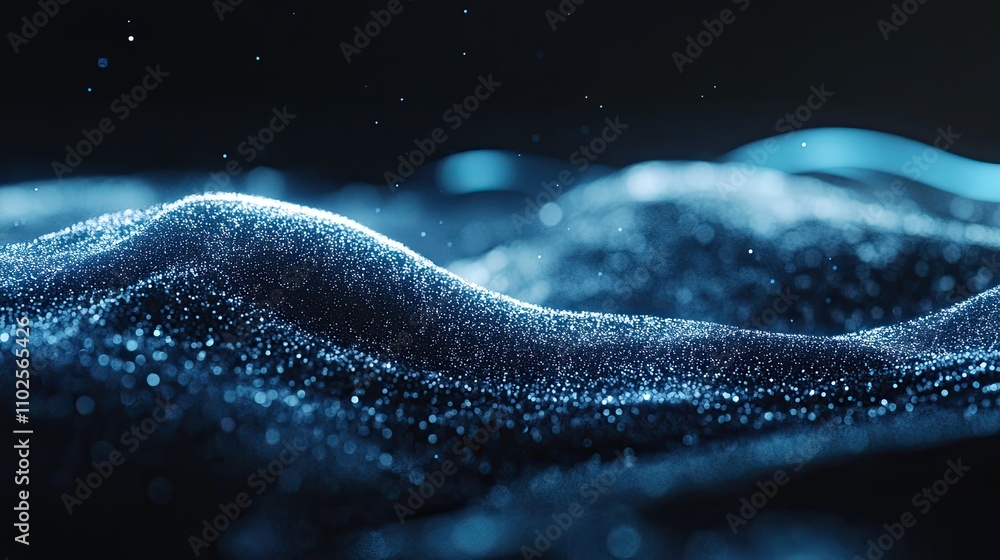 Poster shimmering blue waves with sparkling particles in dark background