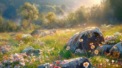 Sunlit meadow with wildflowers, rocks, and trees at sunrise.