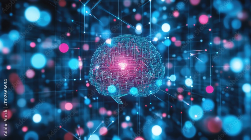 Poster abstract digital brain with colorful particles and connections