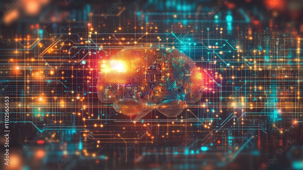 Poster futuristic digital brain with circuit patterns and glowing lights
