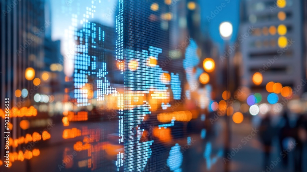 Poster blurred cityscape with digital data visualization overlay.
