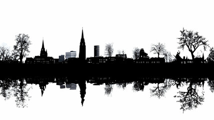 Naklejka premium Cityscape Silhouette, Urban Skyline Reflected in Water, Buildings, Trees, Architecture, Black and White Illustration