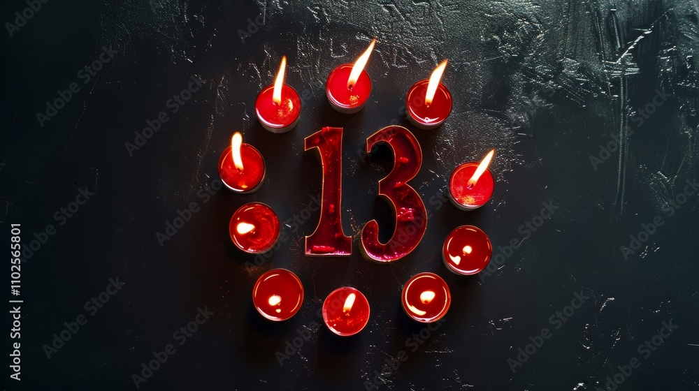 Aufkleber a circle of red candles encases the number 13, casting a warm, fiery glow on a dark surface. the com