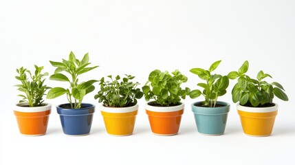 Fototapeta premium Vibrant Potted Plants in Colorful Containers on White Background