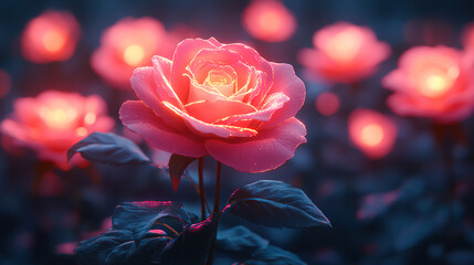 Glowing pink roses illuminate a serene garden at twilight, creating a magical atmosphere for evening strolls. Generative AI