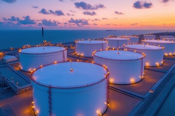 Petroleum and fuel consumption, Aerial view of large storage tanks at a petrochemical facility, illuminated against a colorful sunset over the ocean.
