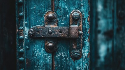 Fototapeta premium Weathered Blue Door with Vintage Rusted Lock and Latch Detail