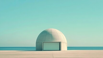 Minimalist Concrete Structure with Dome Overlooking Calm Sea