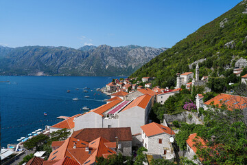 View of the tile rooftops of the village of Perast Montenegro
