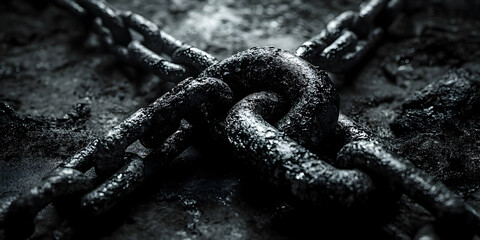 Dark, Weathered Chain Links on Rough Surface;  Intertwined Metal,  Heavy Texture, Abstract Background Image