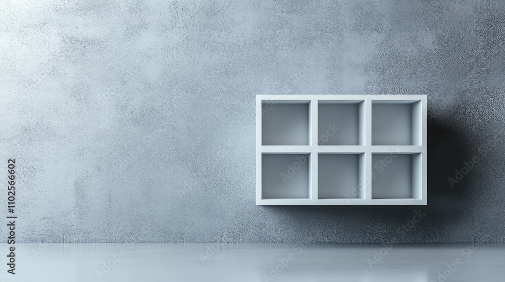 Poster minimalist white shelf displaying cubes on gray wall background