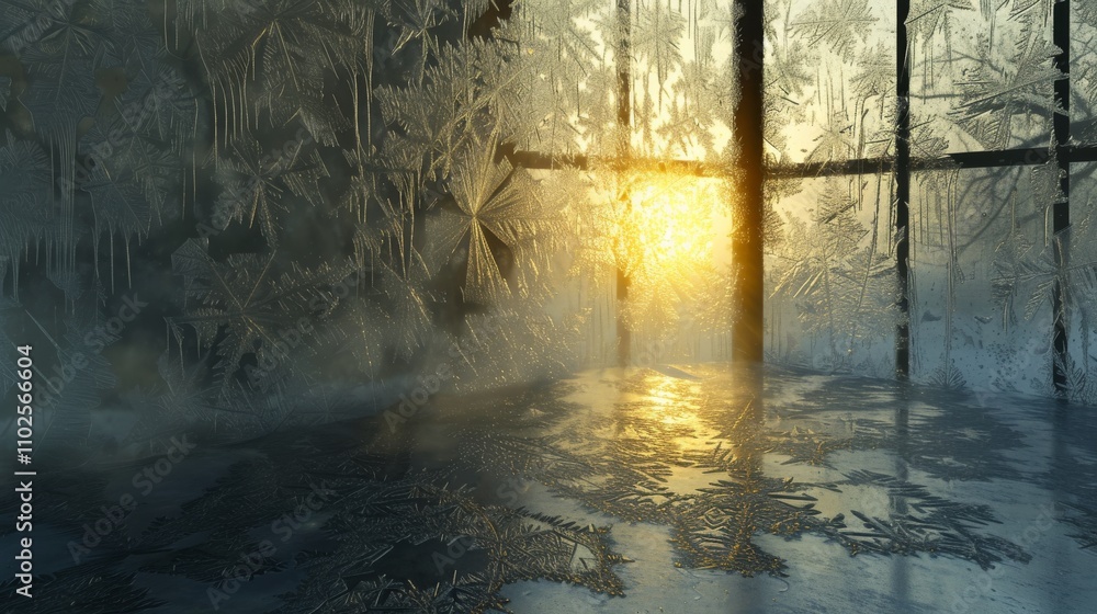 Poster a window covered in intricate ice patterns illuminated by golden sunlight. the scene highlights the 