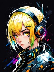 Cyberpunk Anime Girl with Headphones: Vibrant Digital Art