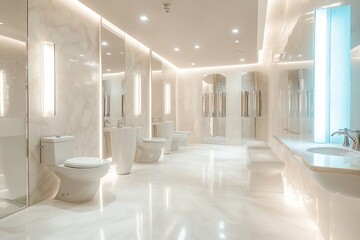 Contemporary chic bathroom with a wall of mirrors, a marble floor, and chrome fixtures.