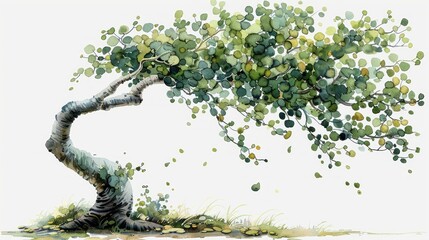 Watercolor painting of a windswept tree.