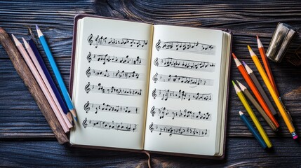 Open music book with sheet music and colored pencils on wood