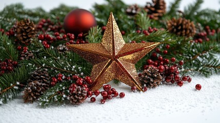 Sparkling Gold Star Ornament on Holiday Pine and Berry Arrangement