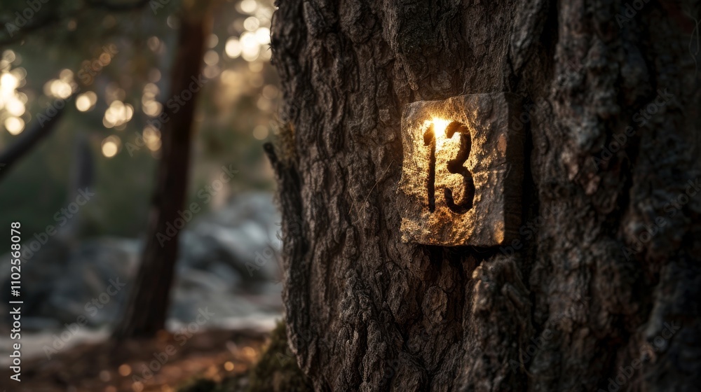 Poster the number 13 glows on tree bark, creating a mysterious ambiance in a dimly lit forest. ideal for th