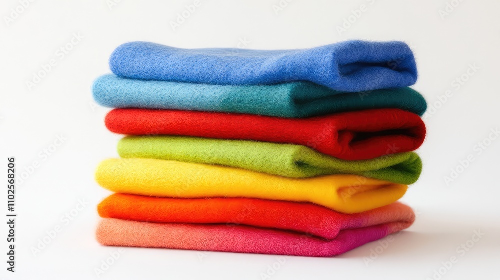Poster colorful stack of soft woolen blankets displayed on a white background